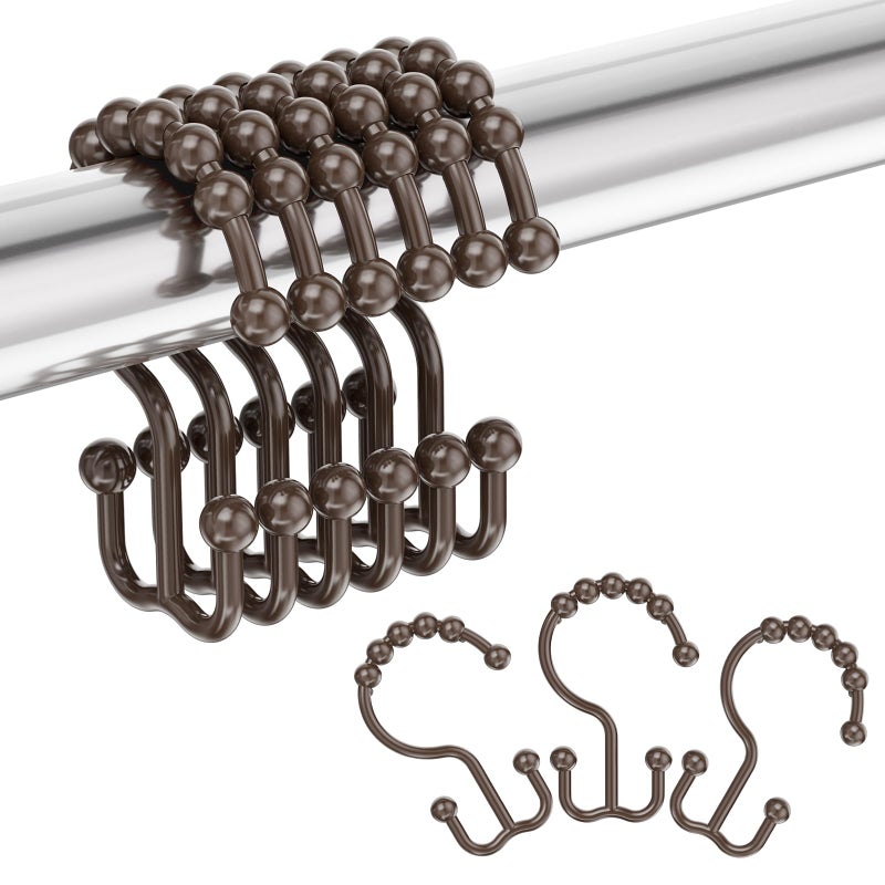 Amazer Shower Curtain Hooks Plastic Double Shower Curtain Rings for Bathroom Shower Curtain Rod - Set of 12, Brown - Image 1